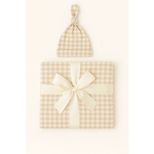 Bamboo Baby Swaddle Blanket & Hat Set in Tan Gingham