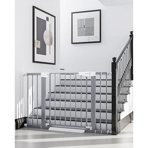 Cumbor 29.7-46" Baby Gate for Stairs, Gifts for Mom-Auto Close Dog Gate for The House, Easy Install Pressure Mounted Pet Gates for Doorways, Easy Walk Thru Wide Safety Gate for Dog, Gray