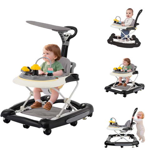 HDUTNGISN 5-in-1 Black Adjustable Baby Walker with Wheels for Boys & Girls