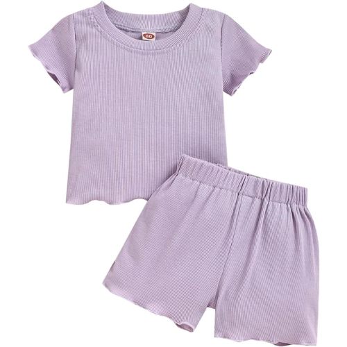 Toddler Baby Girl Summer Clothes Ribbed Knit Cotton Cute Summer Outfits Short Sleeves 2 Pieces Shorts Set 12M - 5T