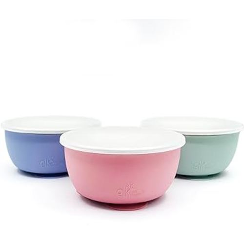 Elk and Friends Stainless Steel Bowls with Silicone Sleeve for Babies & Toddlers | Lids Included | Stay Put Suction | Cereal & Snack Bowls | 3 Pack