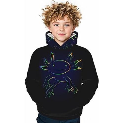 QIWCANM Stylized Rainbow Axolotl Print Kids Sweatshirt Boys Warm Pullover Hooded Girls Long Sleeve Thickened Hoodies for Teen