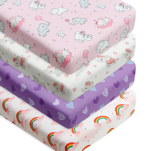 4 Pack Baby Girl Crib Sheets Set Soft Fitted Floral or Elephant Theme Baby Girl Mattress Covers Breathable Toddler Bed Sheets for Infant or Newborn Girls (Elephant, Crib Sheets)