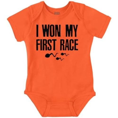 Brisco Brands Funny I Won My First Race Joke Baby Romper Boys or Girls