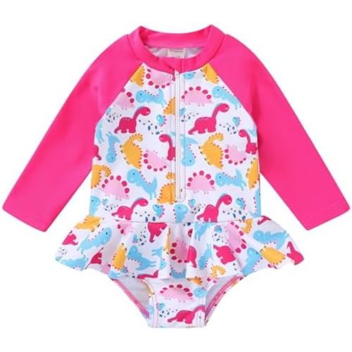 YOUNGER TREE Baby Swimsuit Girl Long Sleeve Ruffle Zipper Rash Guard Infant One Piece Swimwear Toddler Bathing Suit Girl