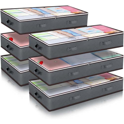 90L Under Bed Storage Containers, 6 Pack Underbed Closet Storage Organizer System, Moving Bags with Clear Window and Reinforced Handles for Bedding Pillows Blanket Clothes Wardrobe Bedroom