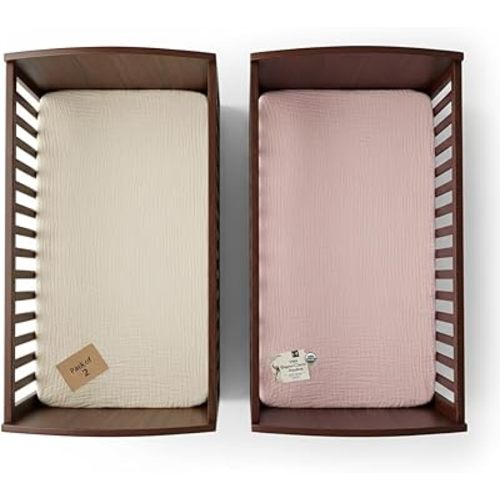 Muslin Crib Sheets for Baby Girl Large Size 52x28x9 inches 2 Pack Pink & Beige, Soft Breathable Muslin Fabric, Fits Standard Crib Mattress Sheet, Durable Baby Bed Sheets