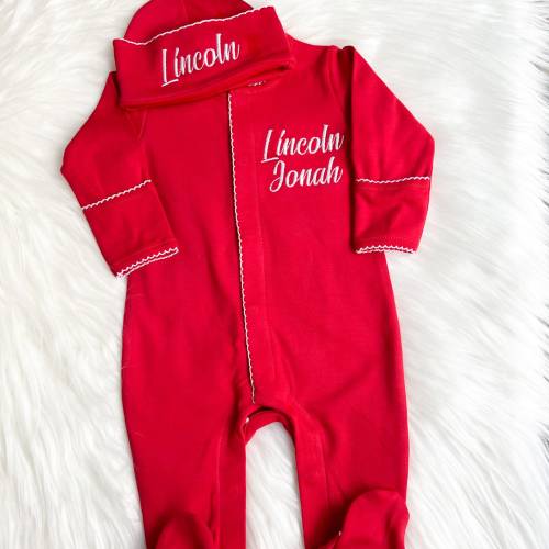 Personalized Baby's First Christmas Outfit: Pima Cotton Footie & Hat