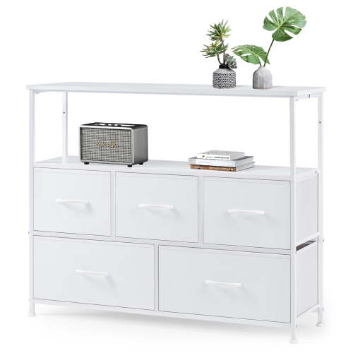 EDX Dresser TV Stand, Entertainment Center with 5 Fabric Drawers, Media Console Table with Open Shelves for TV up to 45 inch for Bedroom, Living Room, Entryway, White