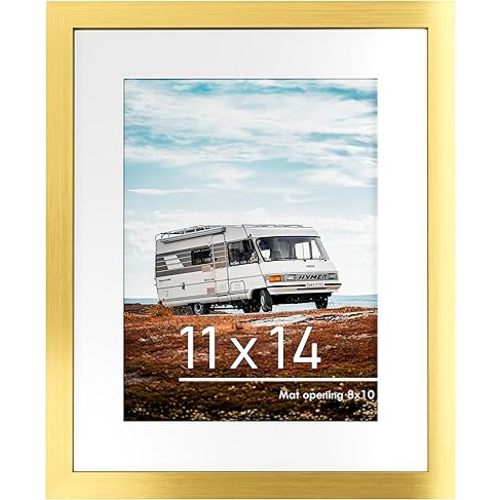 PEALSN 11x14 Picture Frame, Display Pictures 8 x 10 with Mat or 11 x 14 Without Mat for Wall Mounting Display, Photo Frames, Gold.