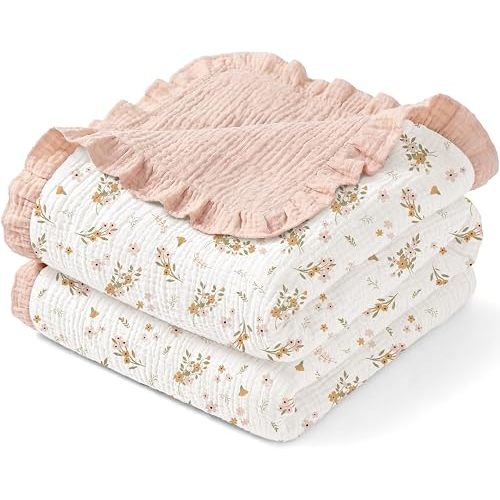 Muslin Baby Blanket for Girls with Ruffled Edges, 41"x41" (Pink)