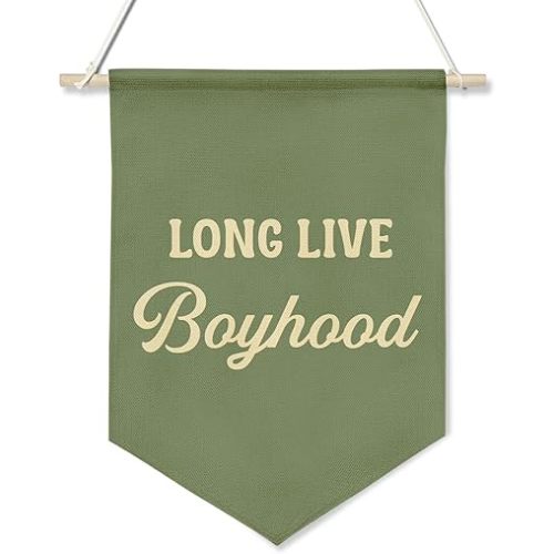 Long Live Boyhood Wall Banner ,Green Canvas Wall Hanging Poster for Boys Bedroom Nursery Decoration,Inspirational Flag Sign for Classroom Teen Boy Room Decor 11x16inch(KD29)