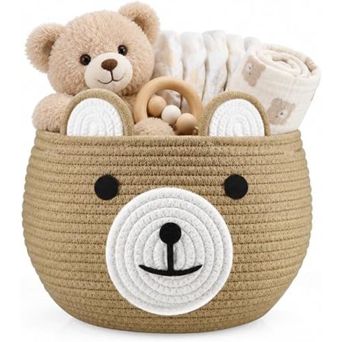 PandaEar Cotton Rope Baby Basket, Baby Gift Basket Nursery Laundry Organizer with Cute Bear Design for Storage Infant Newborn Essentials, Diaper Caddy with Handle (Brown)
