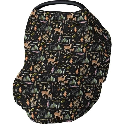 Fishing Hunting Life Baby Car Seat Covers Deer Bass Fish Forest Animal Stretchy 5-in-1 Cover Outdoor Adventure Adjustable Car Canopy Cover Nature Lover Gift Breathable Nursing Cover-Up