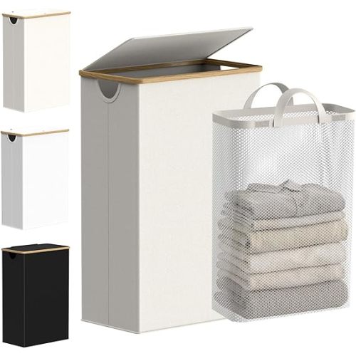 efluky Slim Laundry Basket with Lid, Narrow Laundry Hamper with Removable Bag, Skinny Dirty Clothes Basket with Bamboo Handles for Bathroom, Bedroom & Laundry Room, 75L Beige