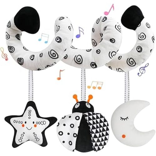 Baby Hanging Stroller and Car Seat Toys High Contrast Baby Toys for Newborn Black and White Sensory Plush Activity Toy for Babies 0-6 Months-Bug