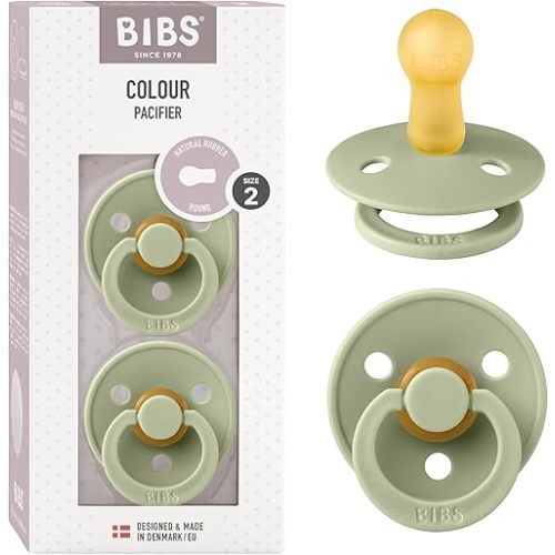 BIBS Pacifiers Colour Collection | Natural Rubber Baby Pacifier | Round Nipple | Set of 2 BPA-Free Soothers | Made in Denmark | 6+ Months (Pack of 2) | Sage