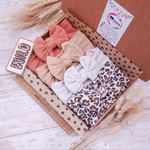 Baby Headband Bow Box Bundle | Cable Knit Headband | Baby Headband | Leopard Print Bow | Baby Shower Gift | New Baby Gift | Baby Girl Gift|