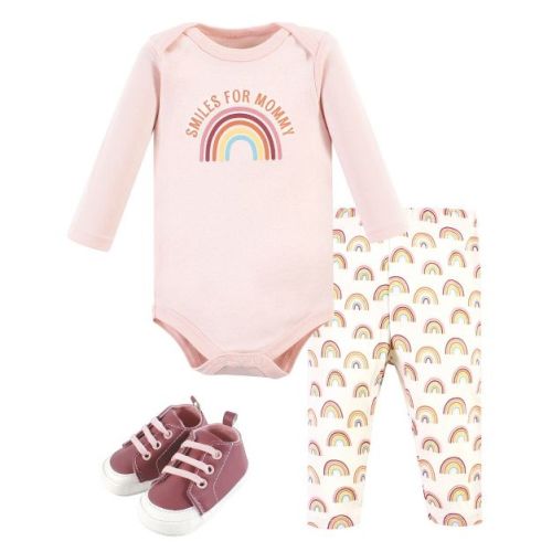 Hudson Baby Infant Girl Cotton Long-Sleeve Bodysuit, Pant and Shoe Set, Sunshine Rainbows, 0-3 Months
