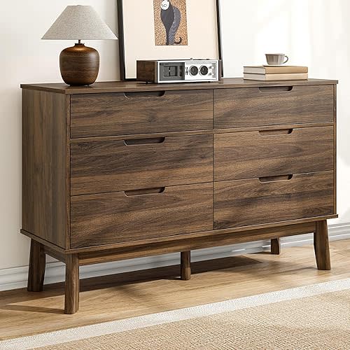 47" Wide Wooden Dresser for Bedroom, Mid-Century Modern 6 Drawer Double Dresser with Natural Wood Grain, Large Horizontal Storage Chest for Living Room, Anti-Tip Kit, Dark Walnut