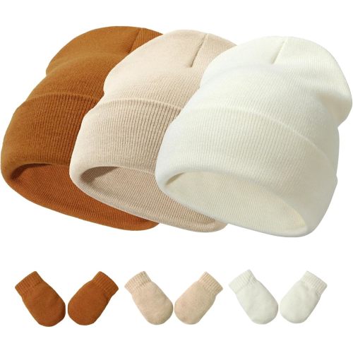 Baby Hats and Mittens Set Infant Toddler Beanie Caps Hospital Hat Set Newborn Gloves for Baby Boys Girls White/Khaki/Caramel S