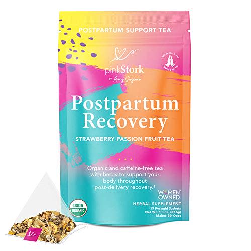 Pink Stork Postpartum Recovery Tea: Strawberry Passion Fruit, Postpartum Recovery Tea for After Baby, 100% Organic, Supports Labor & Delivery & Postpartum, Women-Owned, 30 Cups