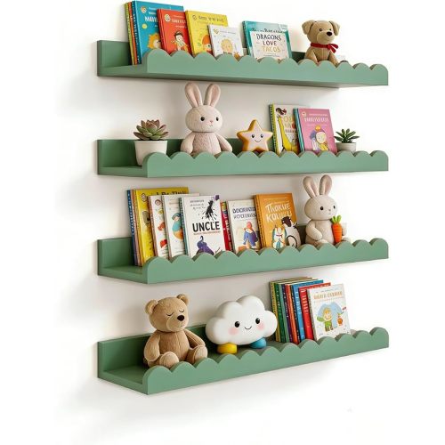 Scalloped Shelves for Nursery - Wall Book Shelves for Bedroom Kids, Nursery Bookshelf for Wall Set of 4, Floating Book Shelves Solid Wood,16 Inch, Sage