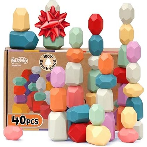 BUNMO Wooden Stacking Rocks 40pcs - Montessori Toys for 1 + Year Old - Stimulating Creative & Imaginative Play - One Year Old Baby Blocks Toy - Toys for 1 + 2 3 Year Old Boy or Girl Toys Gifts