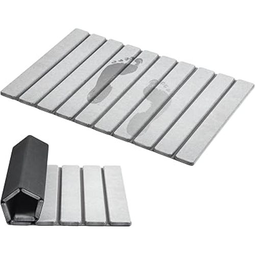 AWW Foldable Stone Bath Mat, Super Absorbent Diatomite, Non-Slip Quick Drying Mat, Compact, Light Grey, 23.6 x 15.5 Inch