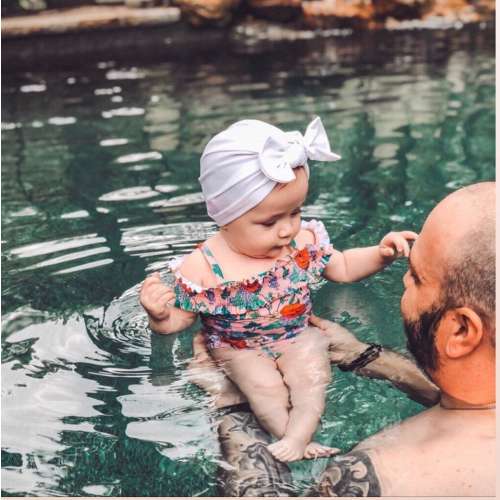 SWIM White Sun Hat : w/ Flat Bow, SPF 50, baby beach pool hat