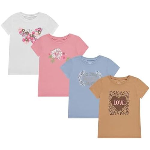 BTween Girls 4 Piece Tops Fashionable Short Sleeve T-Shirt Casual Daily Shirt for Kids Assorted Colors