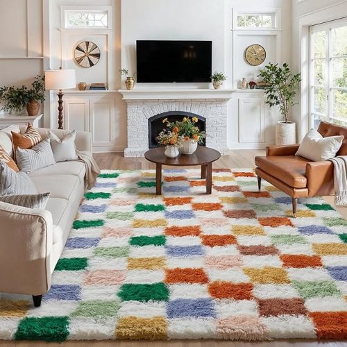 Checkered Rug 9x12 for Living Room, Modern Neutral Shag Rug Washable Non-Slip Large Area Rug Super Soft Indoor Fuzzy Carpet Fluffy Rugs for Bedroom Home Aesthetic Decor