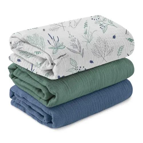 Muslin Swaddle Blankets for Newborn, 3 Pack Breathable Soft Receiving Blanket, Large 38 x 40 inches Swaddle Wrap Burping Clothes Diapers, Essentials Infant Shower Items, Toddler Gift (Fawn & Leaves)