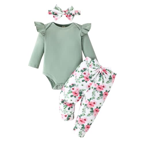 GDTOGRT Newborn Baby Girl Clothes Outfit Set Sweet Ruffle Romper, Pants and Headband 0 3 6 9 12 18 Months Infant Clothing