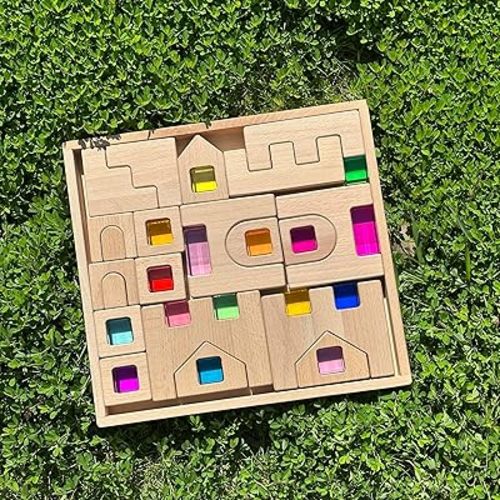 38PCS Wooden Building Blocks Set with Colorful Acrylic Inserts, Include Wooden Castles, Stairs, Arches Educational Construction Toy for Toddlers (38PCS Castle House)