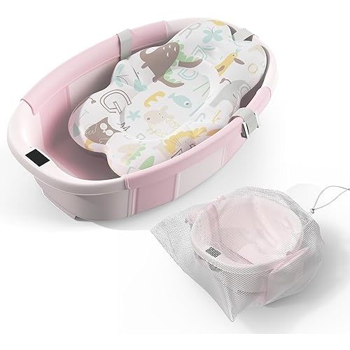 Collapsible Baby Bathtub, 3s to Install, Baby Bath Tub with Soft Cushion & Thermometer, 0-36 Months Newborn Bathtub,Portable Travel Baby Tub, Pink