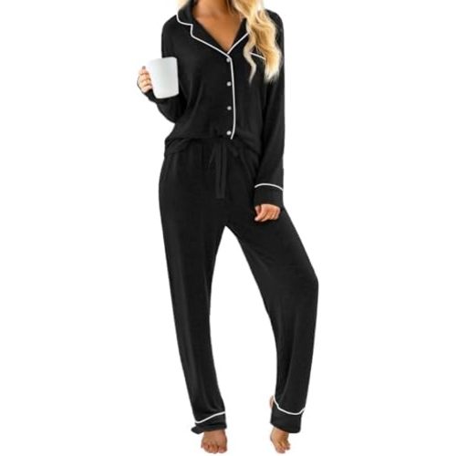 PrinStory Womens Pajama Sets Long Sleeve Pajamas Set Button Down Pjs Sets for Women 2 Piece Lounge Set