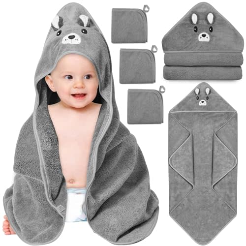 4 PCS Hooded Baby Towels, Soft Baby Towel, Absorbent Baby Bath Towel, Baby Towels and 3 PCS Baby Washcloths for Newborns, Toddlers, and Kids, 32x32 in Baby Towel with Hood for Boy and Girl (Gray Bear)