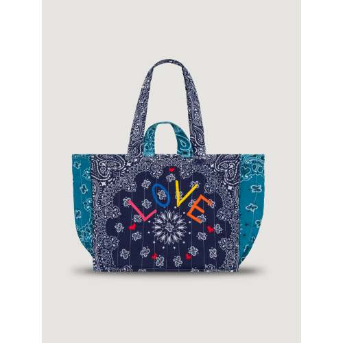 Quilted Medium Cabas Tote - LOVE - Navy / Petrol