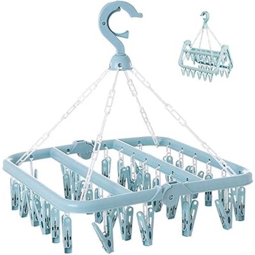 Clothes Drying Rack with 32 Clips, Foldable Hanging Rack, 360° Rotatable Hook for Drying Socks Baby Clothes Towels Gloves(Light Blue)