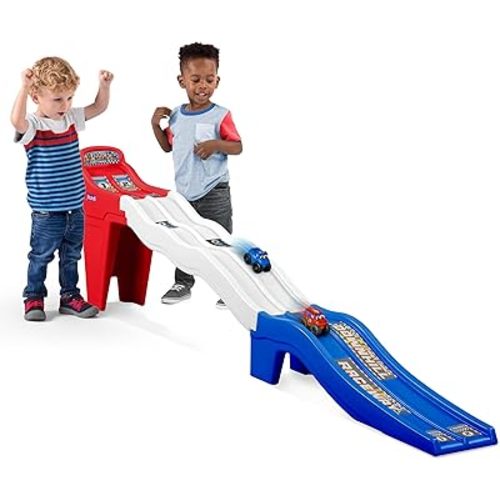 Simplay3 Limited Edition Fast Track Downhill Raceway, Dual Racetrack for Kids Cars for Toddlers, 2 Toy Race Cars Included, Made in USA, Red White & Blue