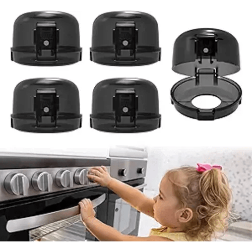 Stove Knob Safety Covers - 5 Pack Heat Resistant Oven Knob Covers for Child Safety with 3M Strong Adhesive, Gas Stove Knob Covers with Dual-Button Locks & Visual Design, Black