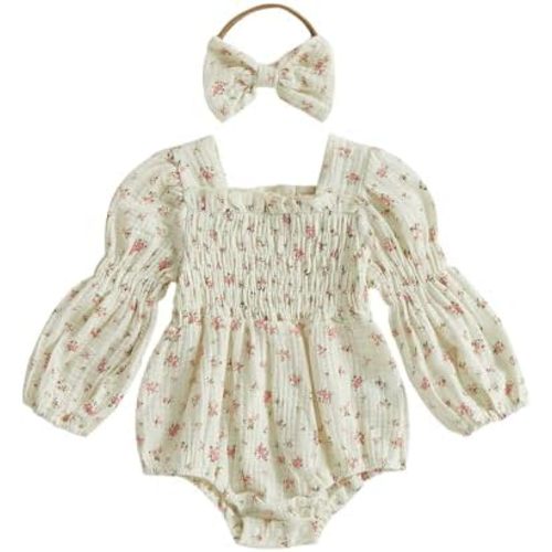 Kavousa Smocked Baby Girl Clothes Newborn Girl Bubble Romper Long Sleeve Jumpsuit And Headband Outfit Cute Infant Clothing