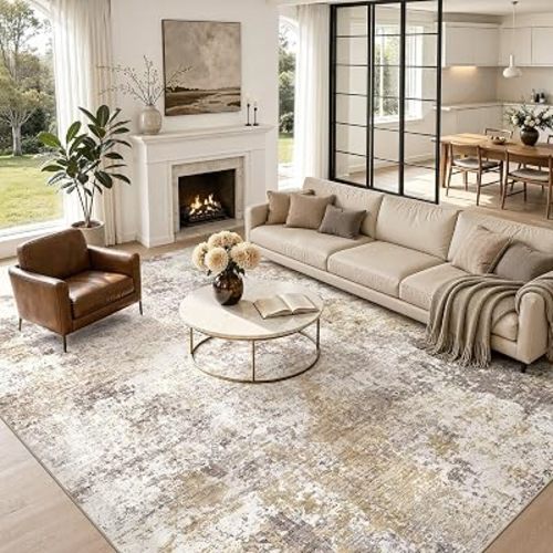 Nakagishi 10X14 Area Rugs for Living Room: Washable Modern Abstract Rug with Non-Slip Silicone Backing Low Pile Soft Carpet for Bedroom & Dining Decor Ideal for Families with Kids and Pets-Brown