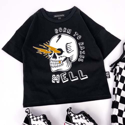 Kids Black T Shirt - "Born to Raise Hell" Skull Design - skeletots.co.uk – Skeletots