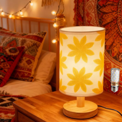 Small Bedside Night Table Lamp | Inline Control & 3 Brightness Levels | Yellow Flower-Patterned Shade Bedside Lamp for Bedroom,Living Room,Study,Dorm,Home Office,Baby Room & Kitchen