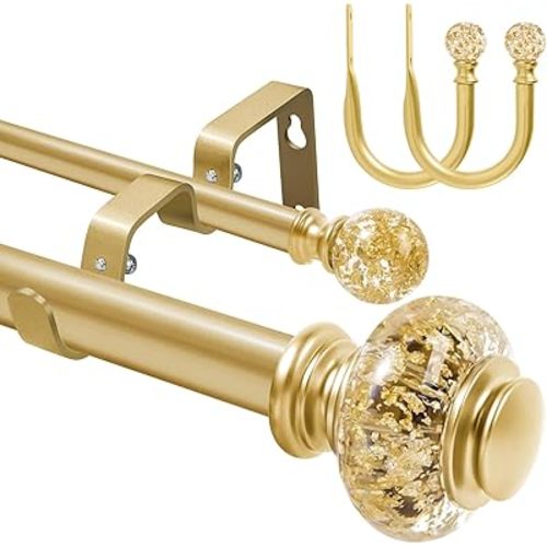 1 Inch Modern Gold Double Curtain Rod for Windows - Tension curtain rods 48 to 84 Inchs- Luxury Translucent Finials with Holdbacks -BHSRODS Home Double Window Rods for Living Room & Bedroom