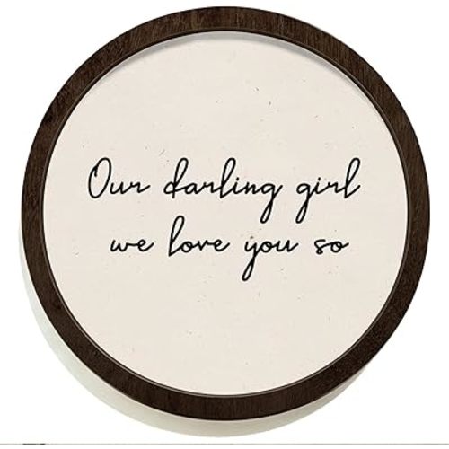 SkyCozy Girl Nursery Framed Wall Art Decor, Neutral Minimalist Our Darling Girl We Love You So Round Wooden Hanging Wall Decor for Baby Little Girls Room Bedroom Playroom, 10x10 Inch
