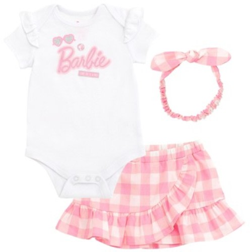 Barbie Newborn Baby Girls Bodysuit Wrap Skirt and Headband 3 Piece Outfit Set Pink / White 0-3 Months