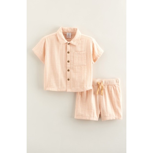 Stripe Short Sleeve Cotton Button-Up Shirt & Shorts Set